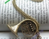 Pretty retro copper 3d french horn musical instrument necklace pendant jewelry vintage style
