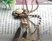 Pretty retro copper pink resin flower with feathers or leaves necklace pendant jewelry vintage style
