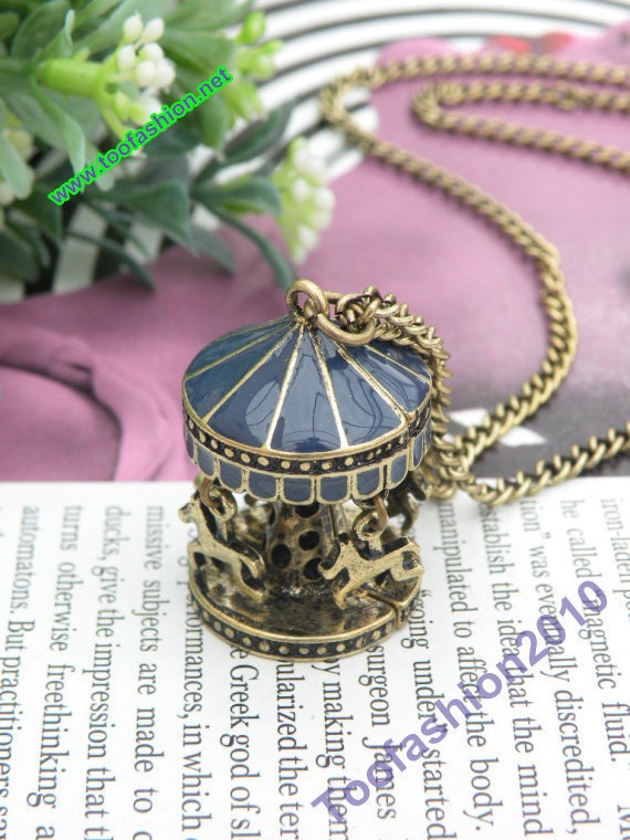 Pretty retro copper 3d blue Rotation rocking horse necklace pendant jewelry vintage style