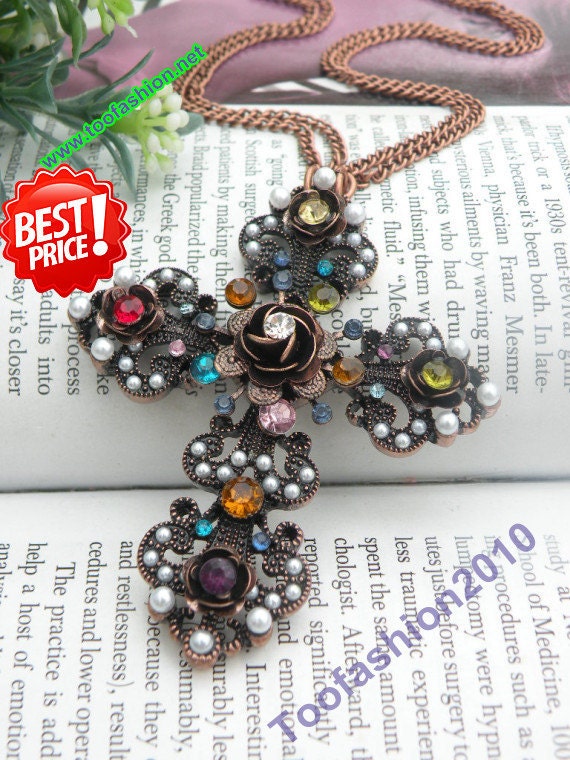 Pretty retro red copper cross with 3d rose flowers necklace pendant jewelry vintage style