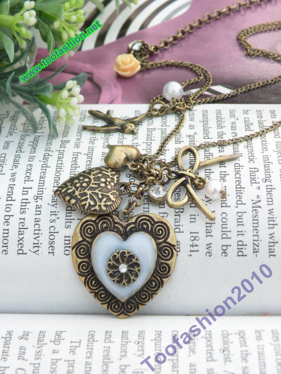 SALE - Pretty retro copper heart with 3d flower bow necklace pendant jewelry vintage style