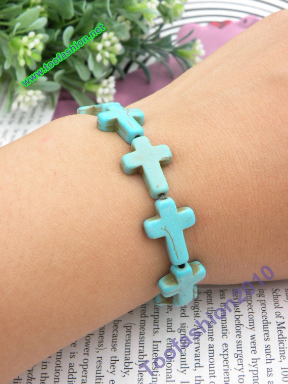 Pretty blue color turquoise cross with elastic rope hand chain bracelet punk style