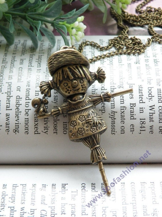 Pretty retro copper scarecrow girl with hat and a squirrel necklace pendant jewelry vintage style
