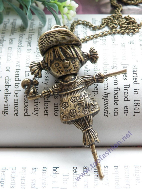 Pretty retro copper scarecrow girl with hat and a squirrel necklace pendant jewelry vintage style