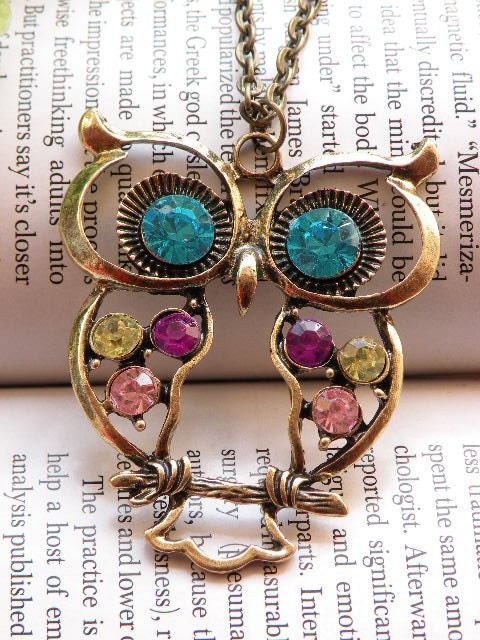 On sales now Pretty retro copper colorful blue eyes owl necklace pendant vintage style