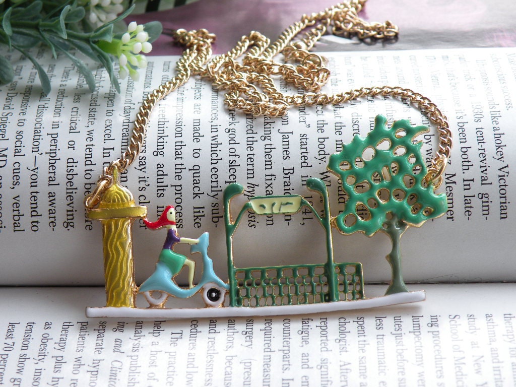 Pretty retro gold green tree  Farm door motorcycle girl with red hair pendant necklace vintage style