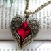 Pretty retro copper red crystal heart shape with two angel wings necklace pendant jewelry vintage style