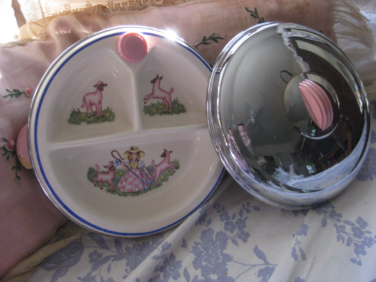 Antique Vintage Little Bo Peep Pink Lamb Divided Baby Childs Plate Dish Warmer With Chrome Bottom & Lid