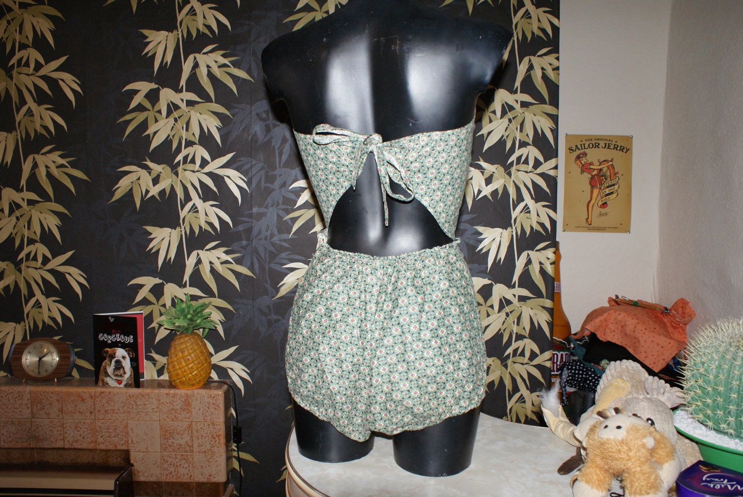Vintage 1950s 1940s cotton ruched pinup tie back swimsuit S M Viva rockabilly