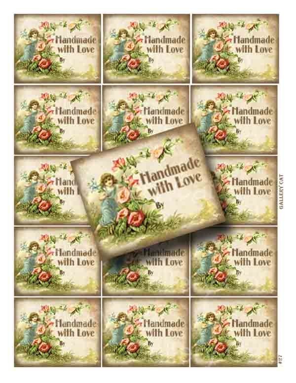 Vintage Handmade with Love Tag Digital Collage Sheet Instant Download for Paper Crafts Original Whimsical Altered Art GalleryCat CS27