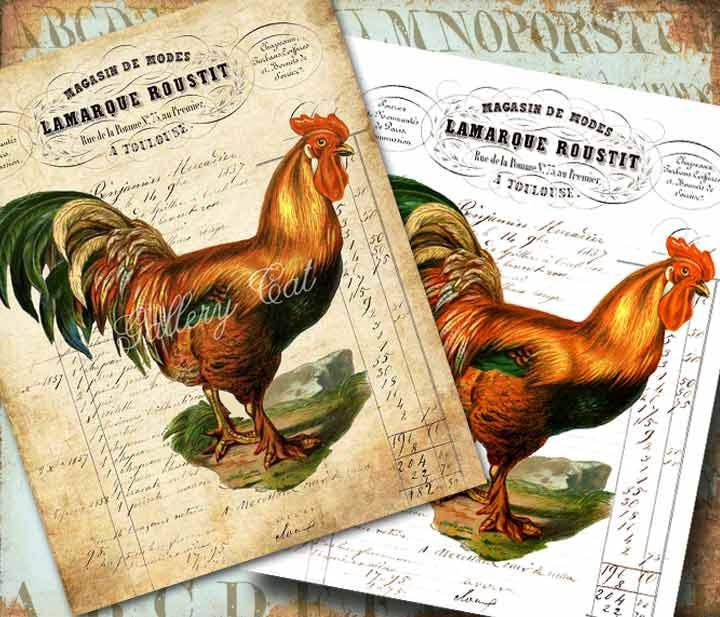 Vintage FRENCH ROOSTER Digital Collage Sheet 2 Large Images Print on Pillows T Shirts Bags Totes Paper Iron-On-Transfer GalleryCat CS165AB