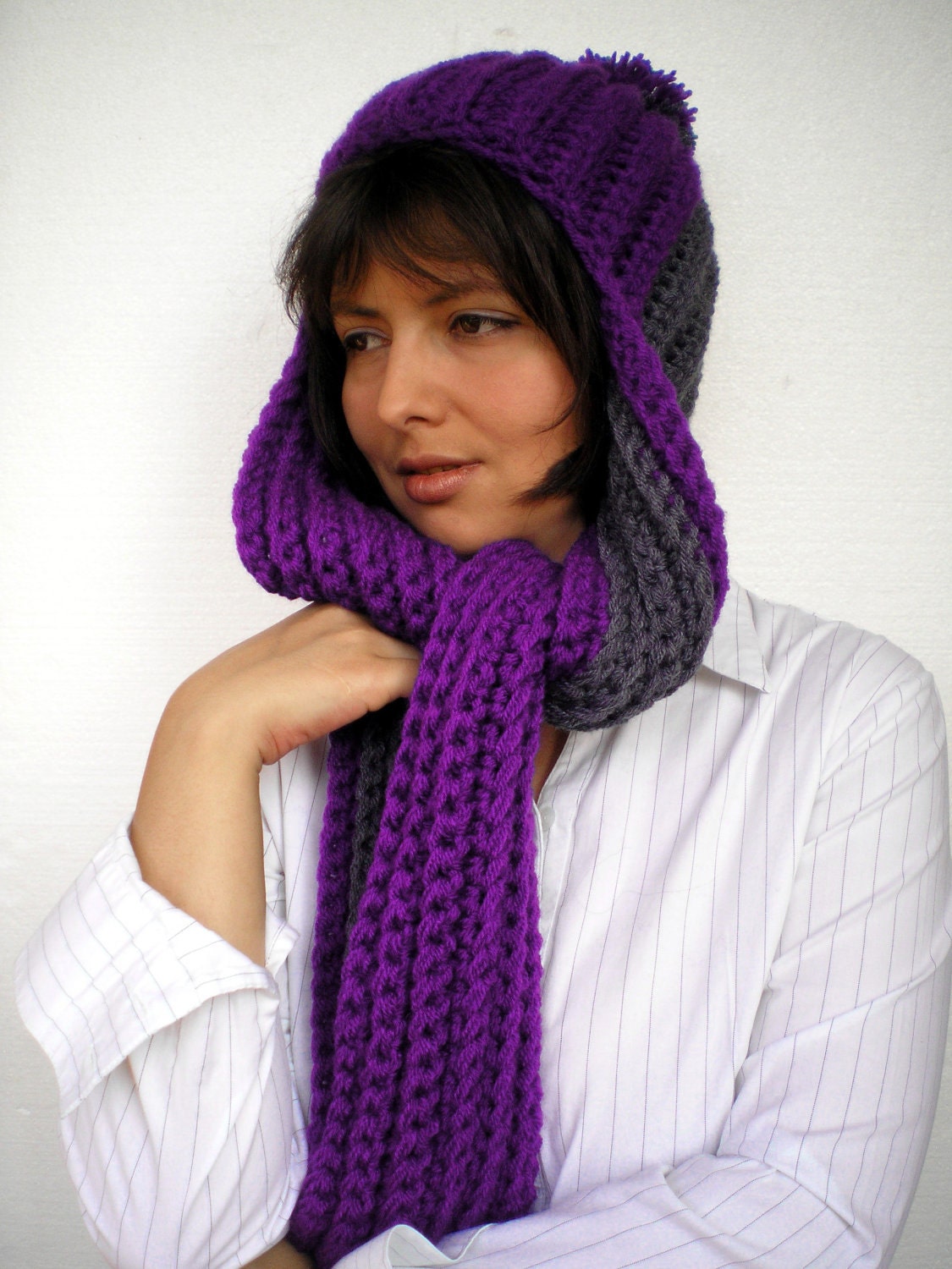 Violette and Grey scarf Pom-Pom Hat Crochet Hat  Super Soft Acrilyc yarn Woman Scarf Hat  NEW