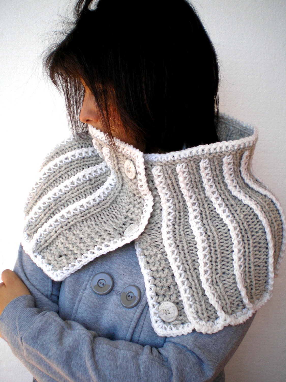 Grey and White Cowl Alpaca Wool Cowl Woman Cowlneck Double Face Cowl