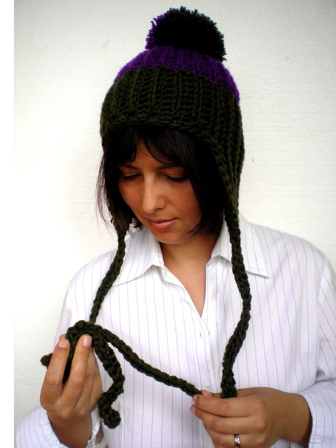 Green and Violet Pom-Pom Hat Crochet Hat  Super Soft Acrilyc yarn Woman Hat NEW