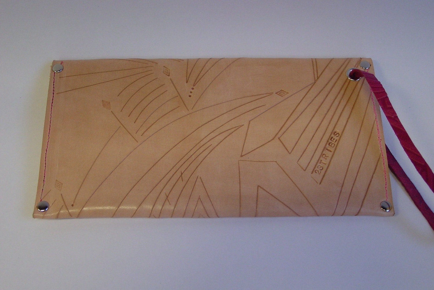 23 Tribes Custom made, one of a kind carved envelope leather passport case