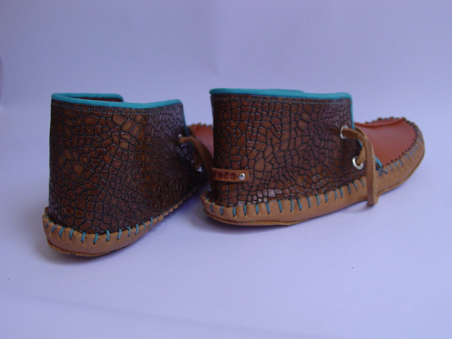 Handmade moccasins turquoise piping lamb skin and embossed leather 