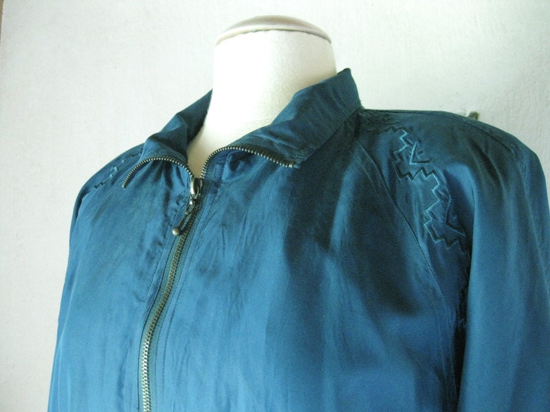 Silk Embroidered Vintage Bomber Jacket Teal Womens Small