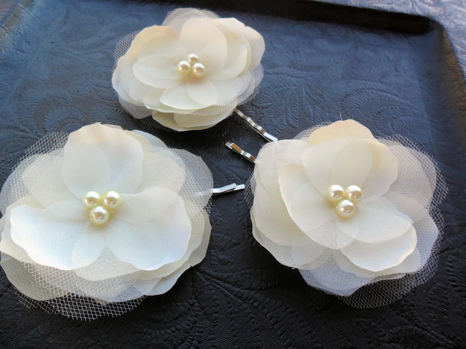 Anna - set of three handmade organza and silk flower blooms. Available in white or ivory.