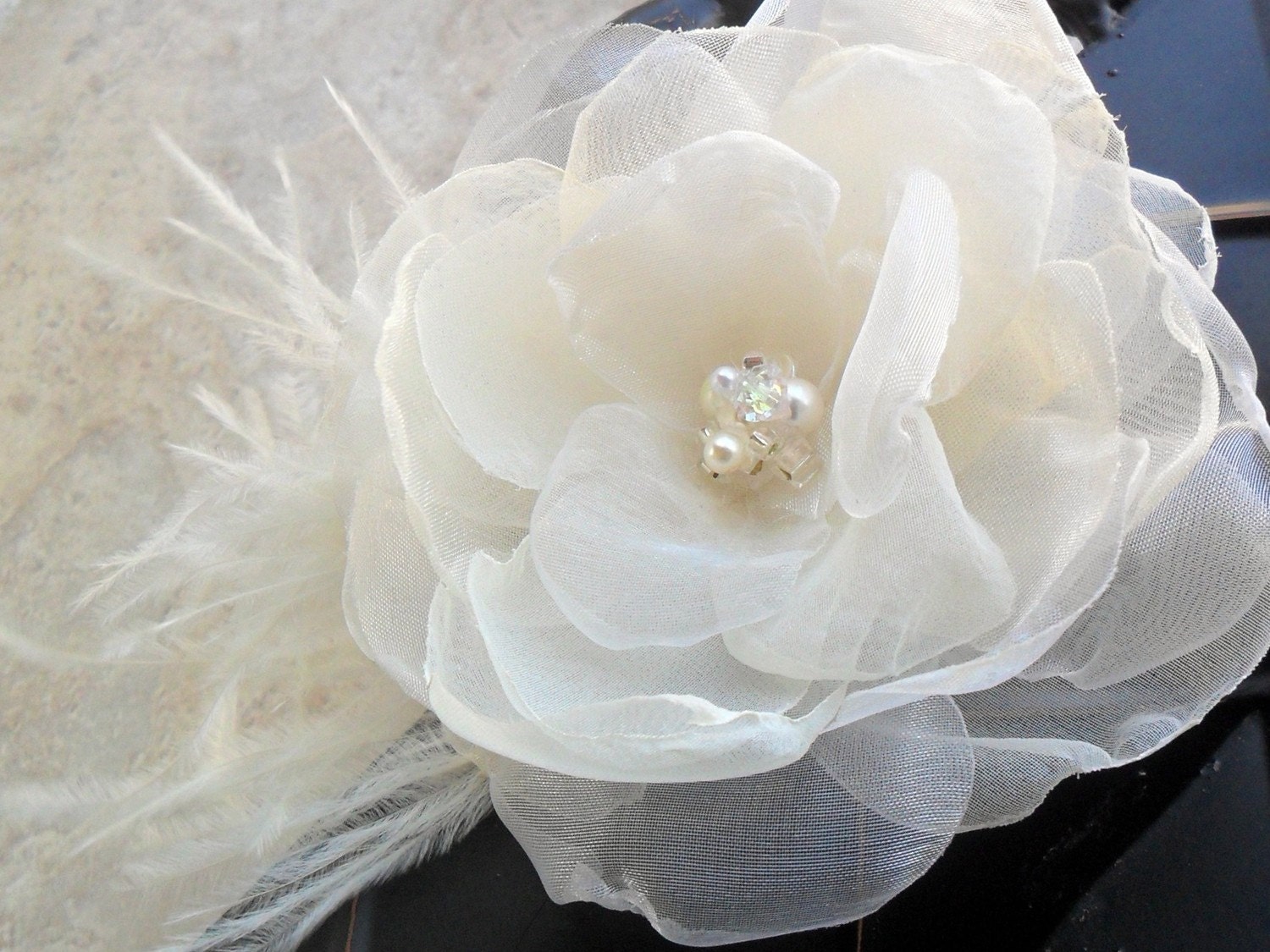 Bella II - ivory or white silk organza and satin flower hairpiece with swarovski pearls & crystals and feathers