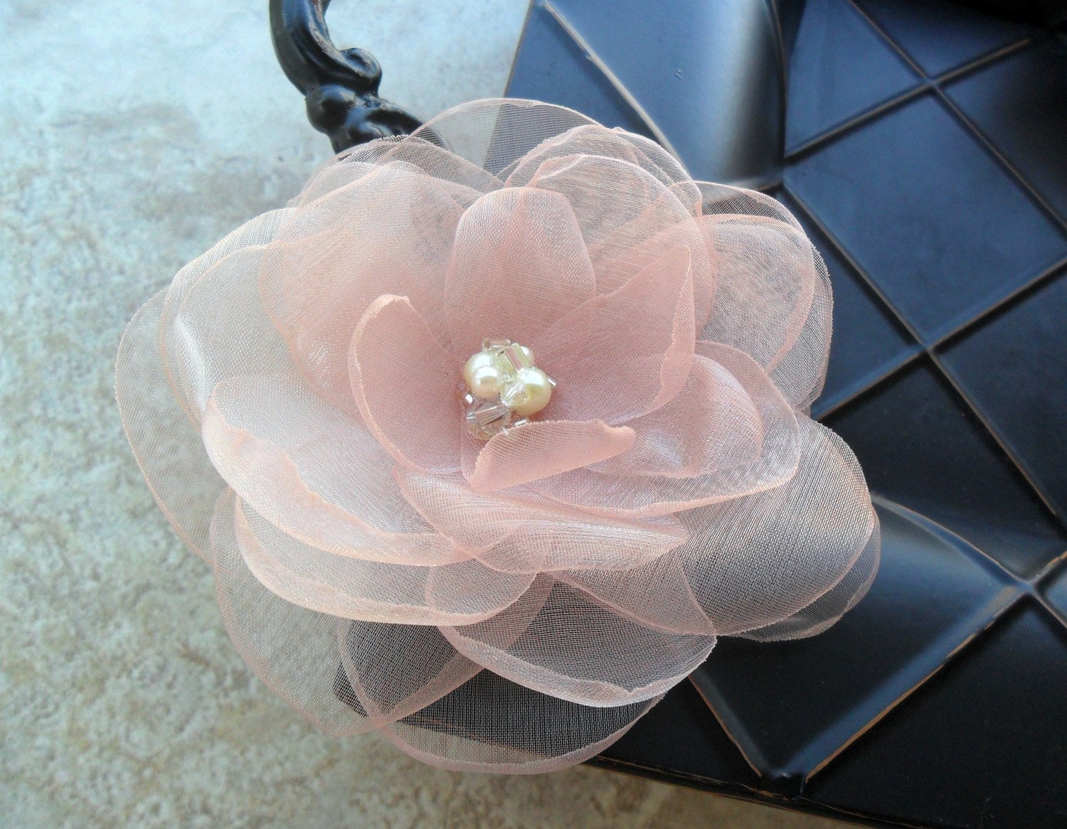 Blushing Bella - hand cut and singed organza and flower hairpiece with swarovski crystals and pearls