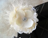 Raquel -ivory lace and silk organza hair flower with feathers and rhinestone centerpiece