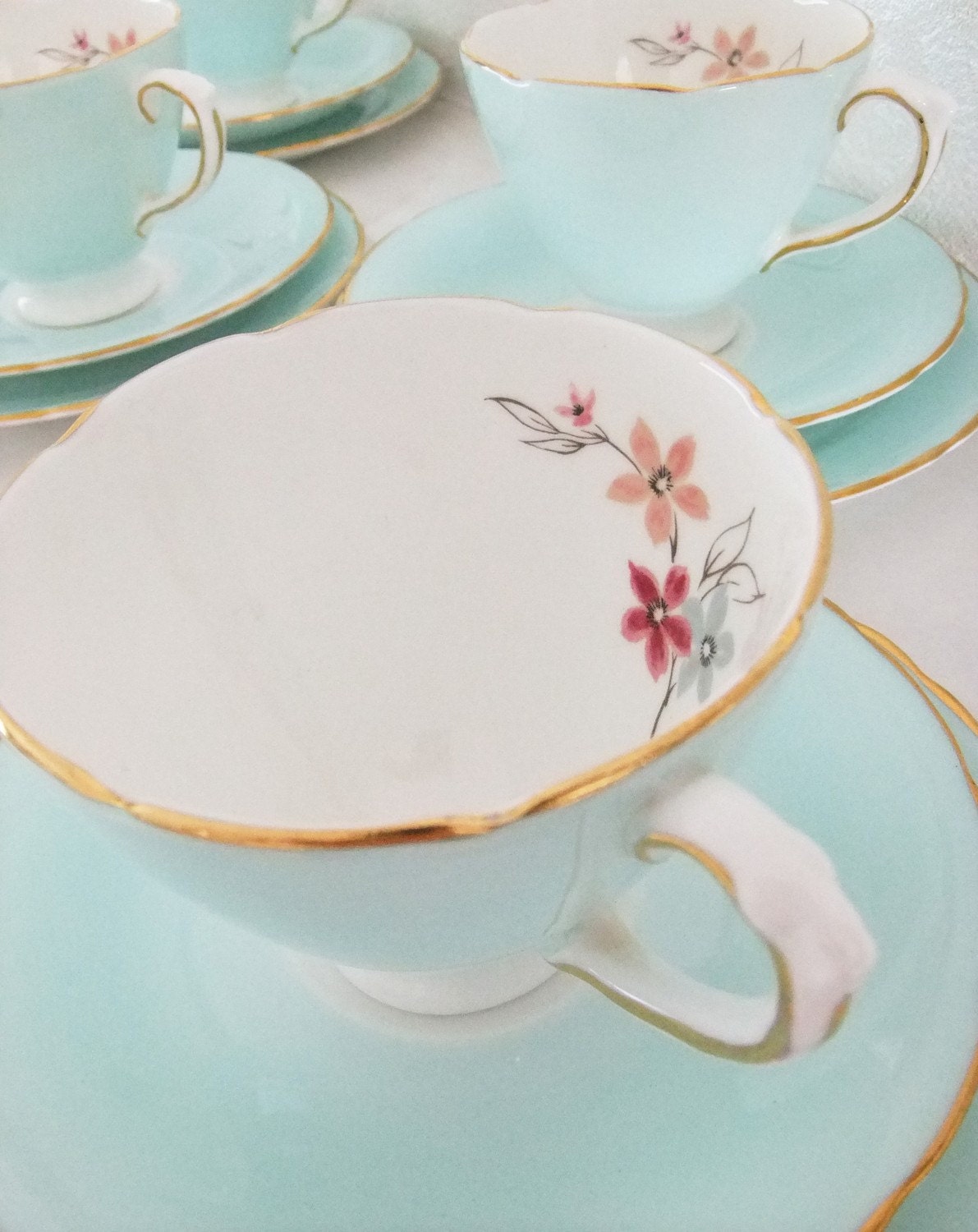 Vintage Delphine Bone China tea set - shabby chic - duck egg blue / aqua