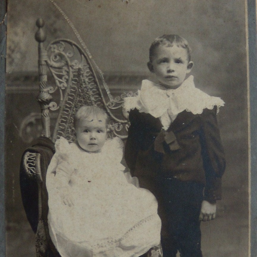 Antique Cabinet Photo of Boy and Baby