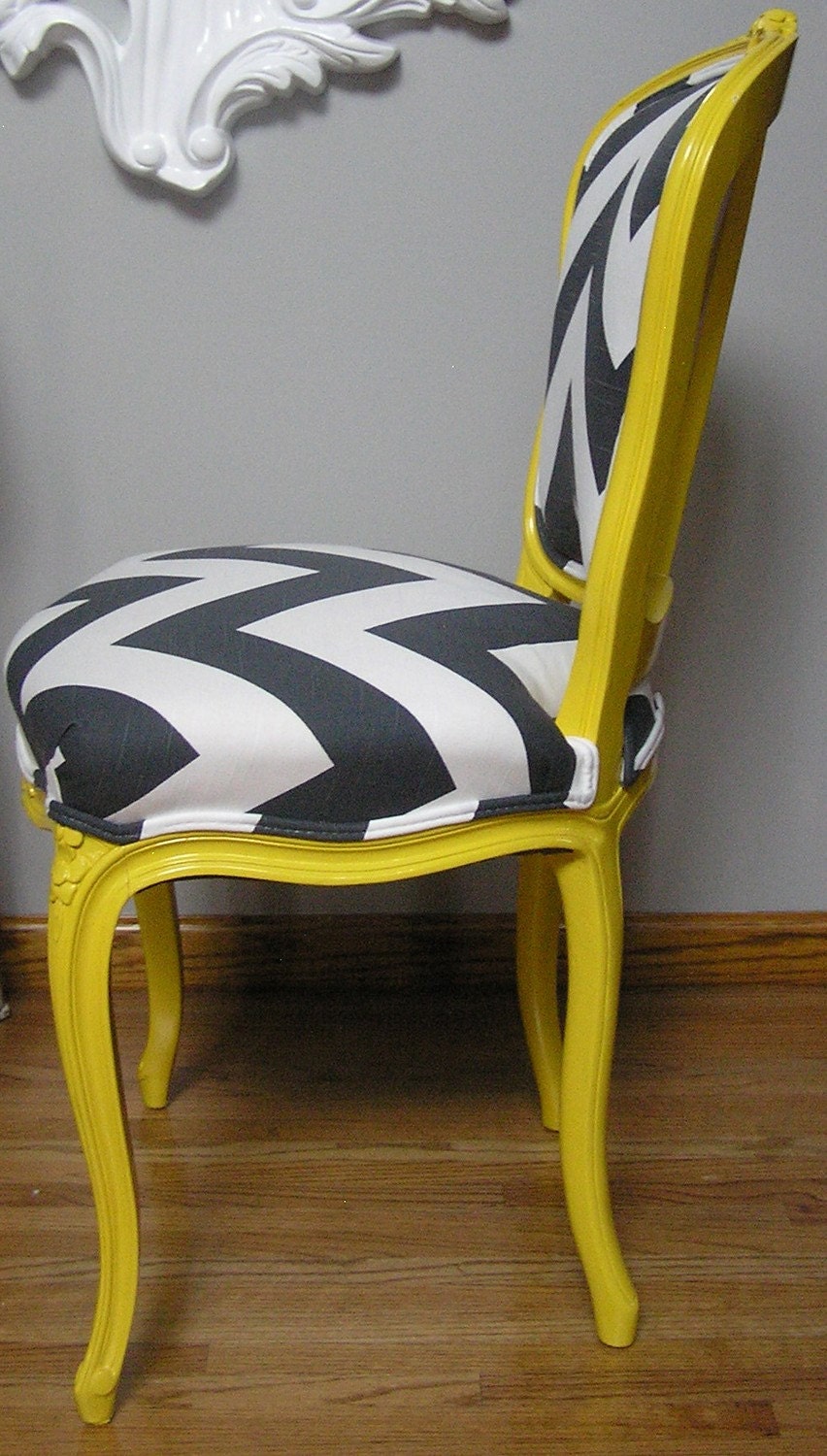 Yellow & Charcoal Chevron French Provincial Side Chair