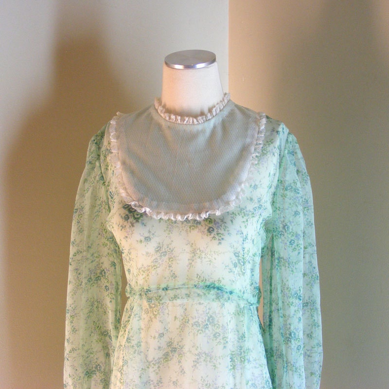 60s dress sheer green chiffon floral ruffle bib medium