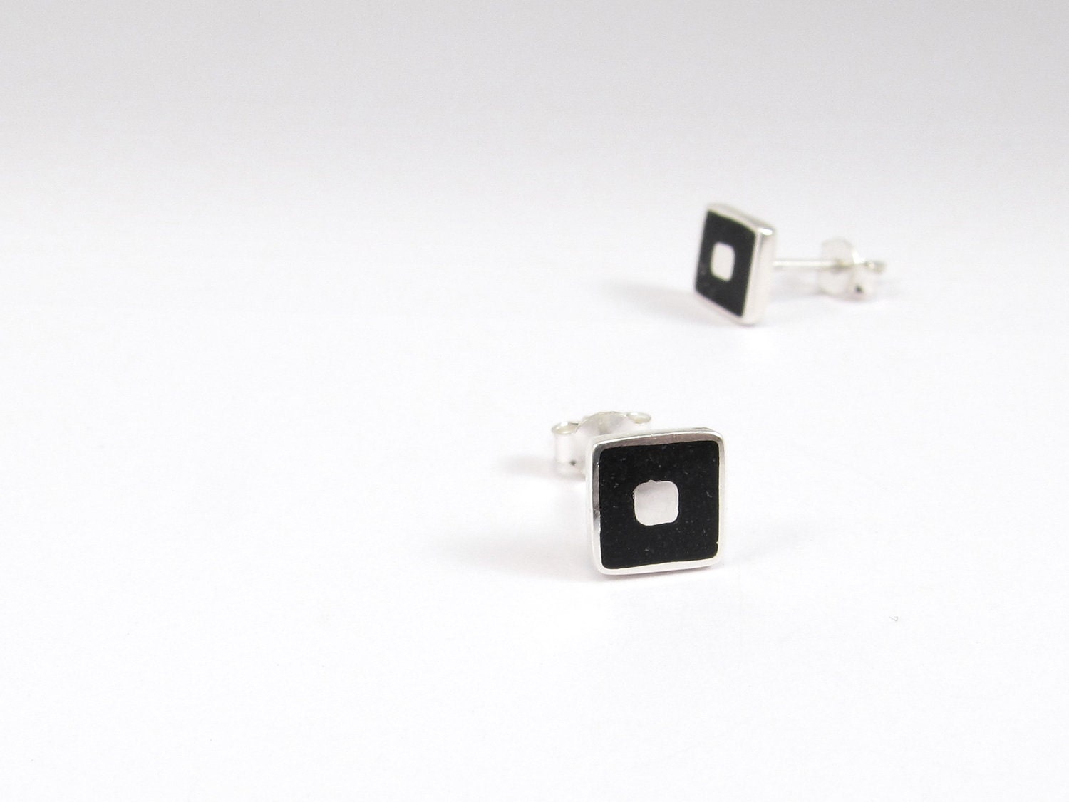 Sterling Silver Earrings - Black  Squares