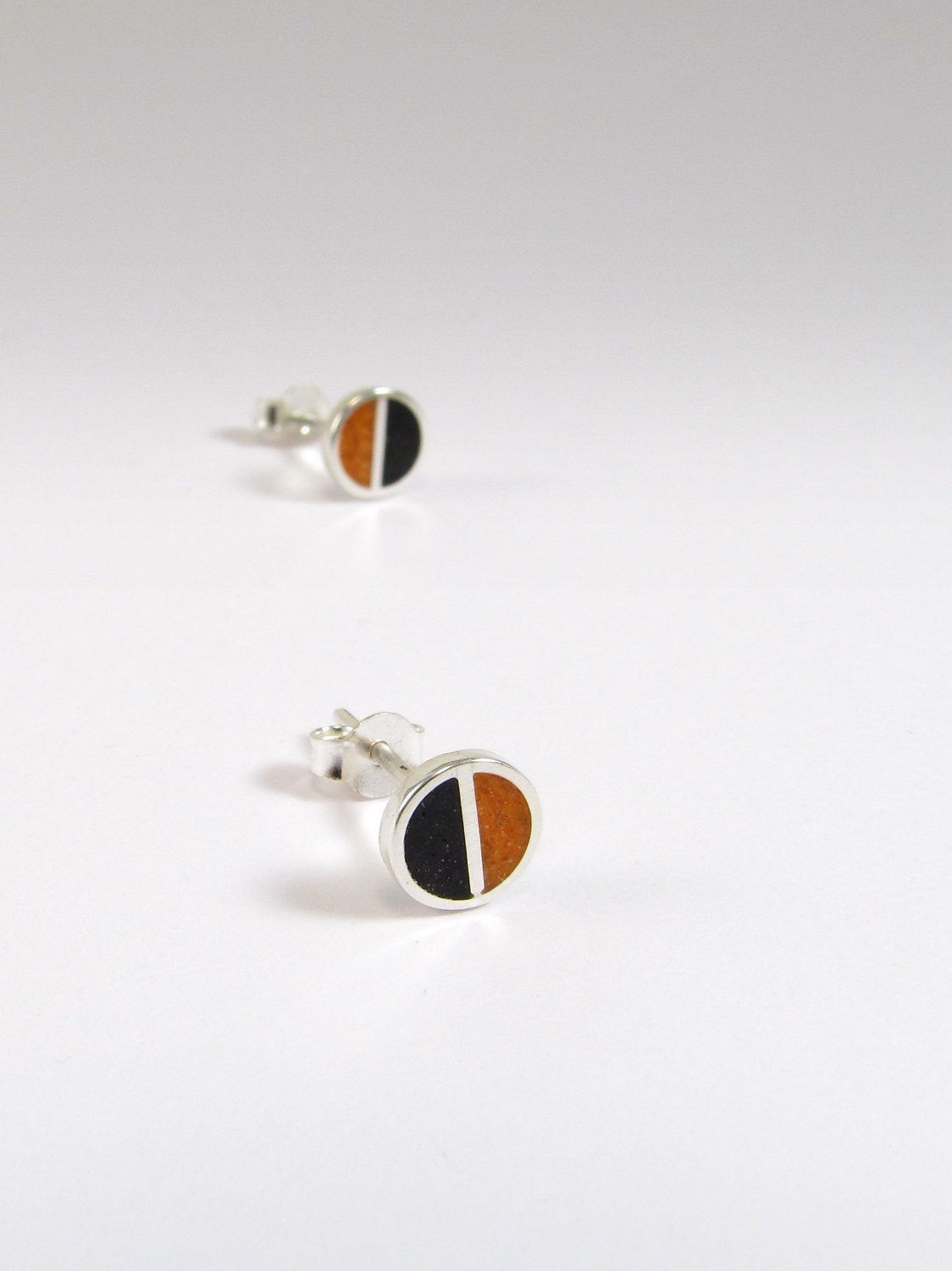 Sterling Silver Earrings - Black and Orange - Divided circles