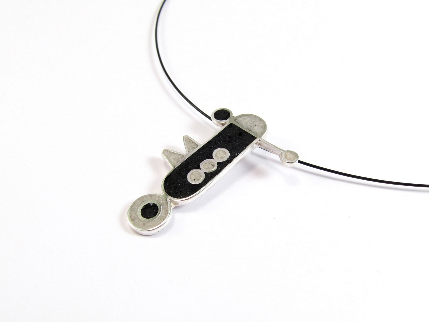 Sterling Silver Pendant - Black and White - Contemporary Jewelry - Geometric Design  - OOAK