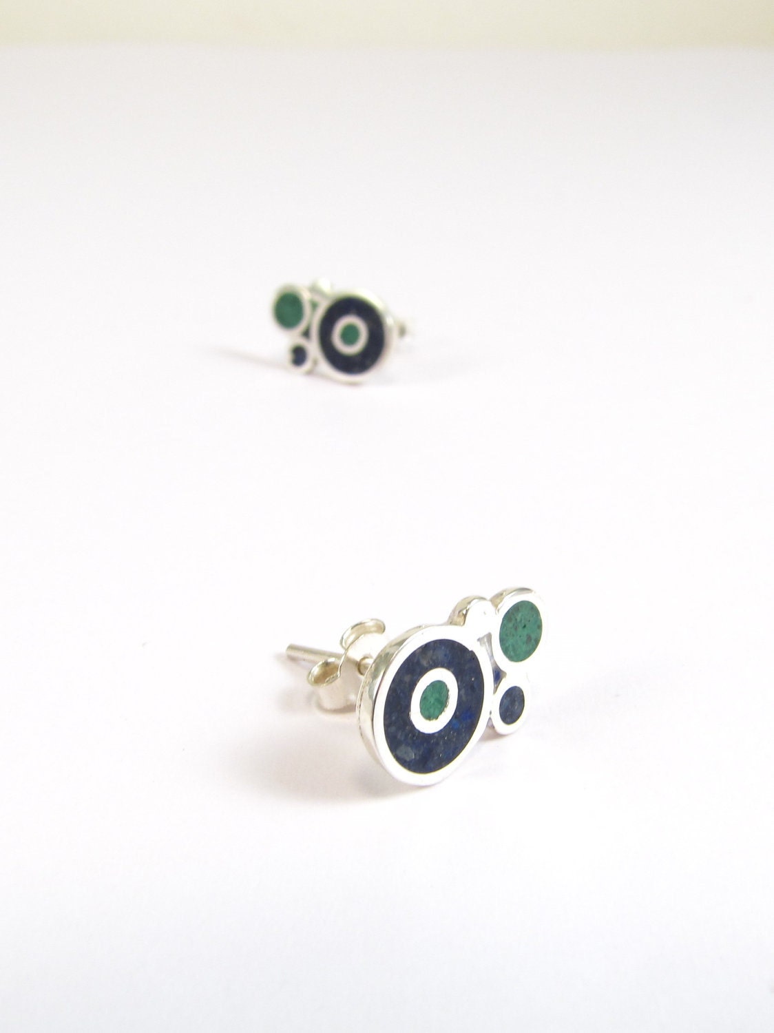 Sterling Silver Earrings - Blue and Green  Bubbles - Ear Studs
