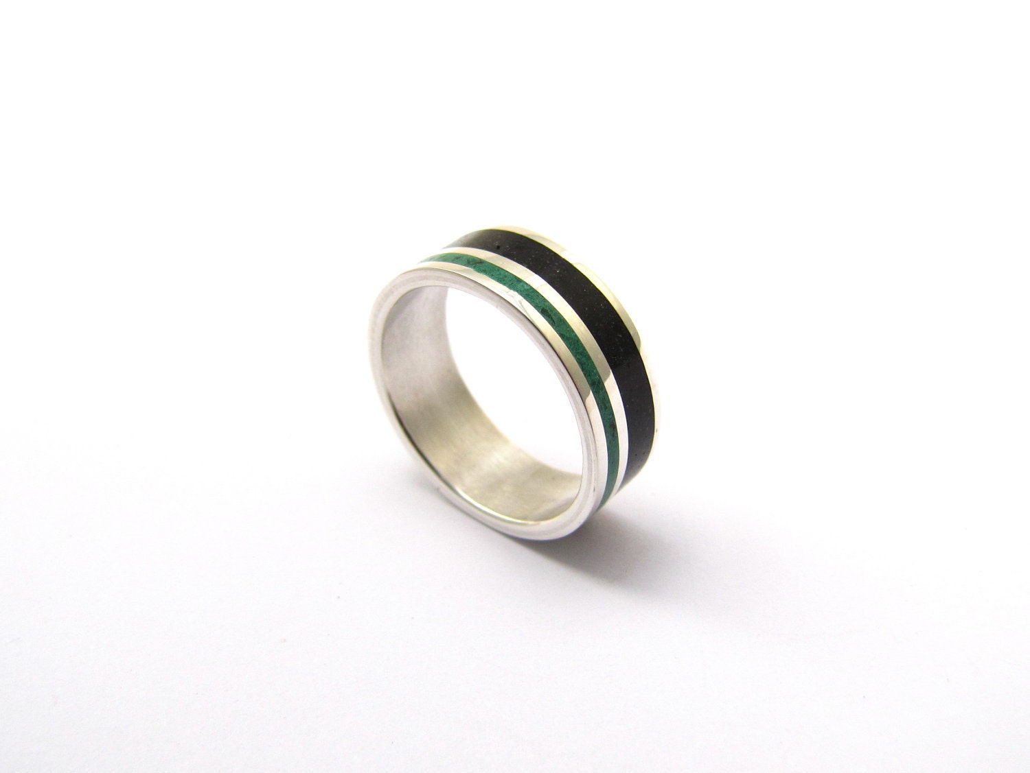 Sterling Silver Ring - Wedding Band - Color Lines - Unisex - Black and Green