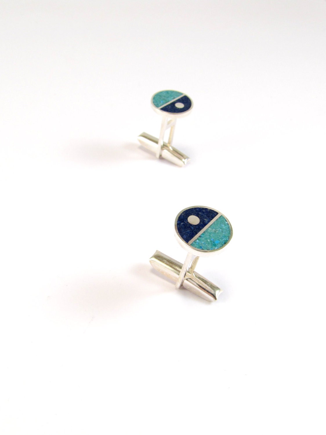 Sterling Silver Cufflinks - Valentines Day - Divided Circles - Blue and Turquoise