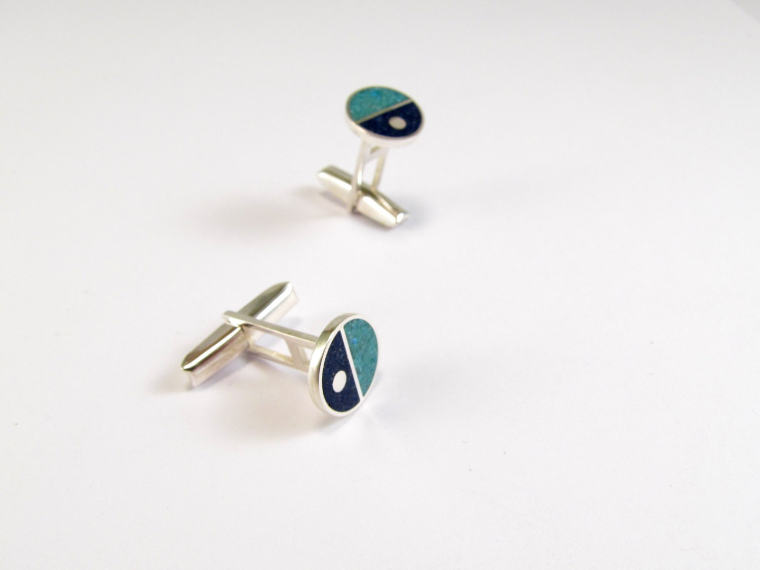 Sterling Silver Cufflinks - Valentines Day - Divided Circles - Blue and Turquoise