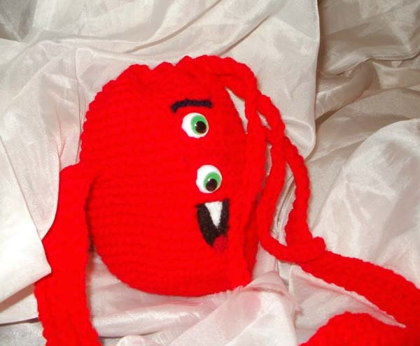 Red Amigurumi Drawstring Monster Alien Purse Crochet Shoulder Bag Creepy-Cute