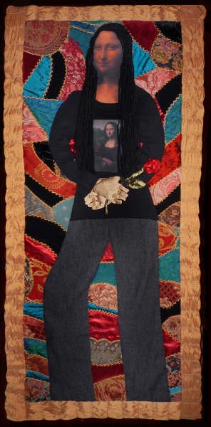 Crazy Quilt Wall Hanging "La Joconde" Handmade embroidery, Renaissance  Fiber Art Portrait,  19x42 inches