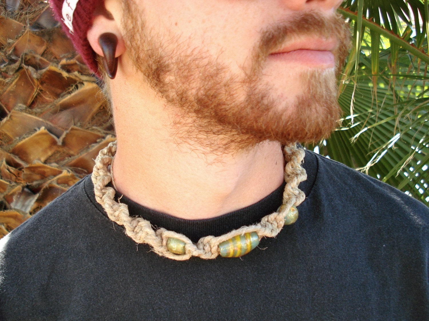 Hemp Necklace with Green and Yellow glass beads