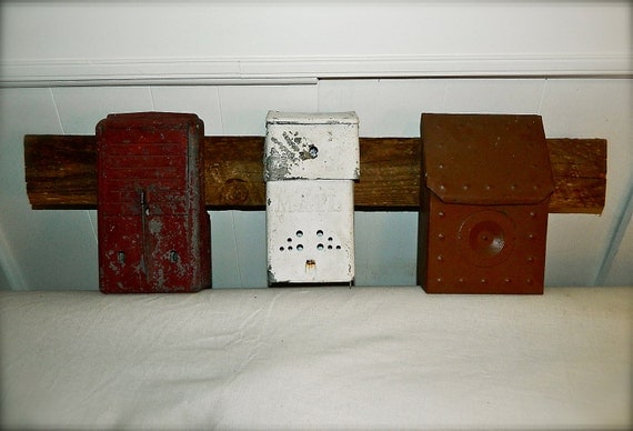 Upcycled Vintage Mailboxes, on Reclaimed Wood, Hanging Storage Bins