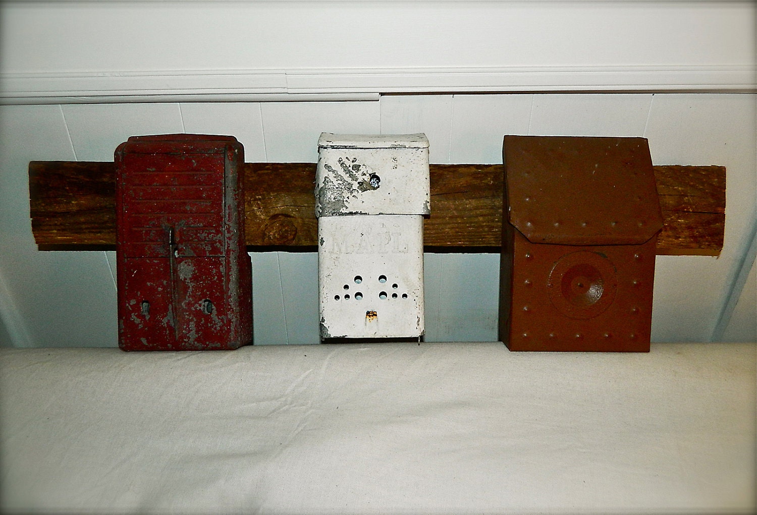 Upcycled Vintage Mailboxes, on Reclaimed Wood, Hanging Storage Bins