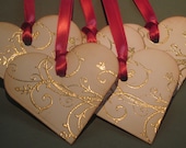 Valentine Tags Gift Tags Wish Tree Tags- Gold Embossed Scroll Hearts- Vintage Appearance - Set of 5