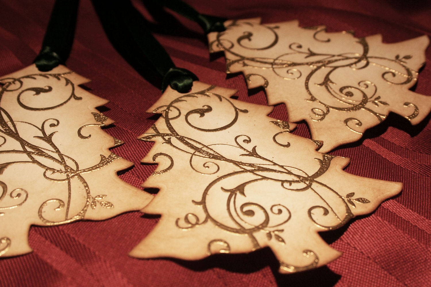 Christmas Tags Gift Tags Wish Tree Tags- Gold Embossed Scroll Trees- Vintage Appearance - Set of 5