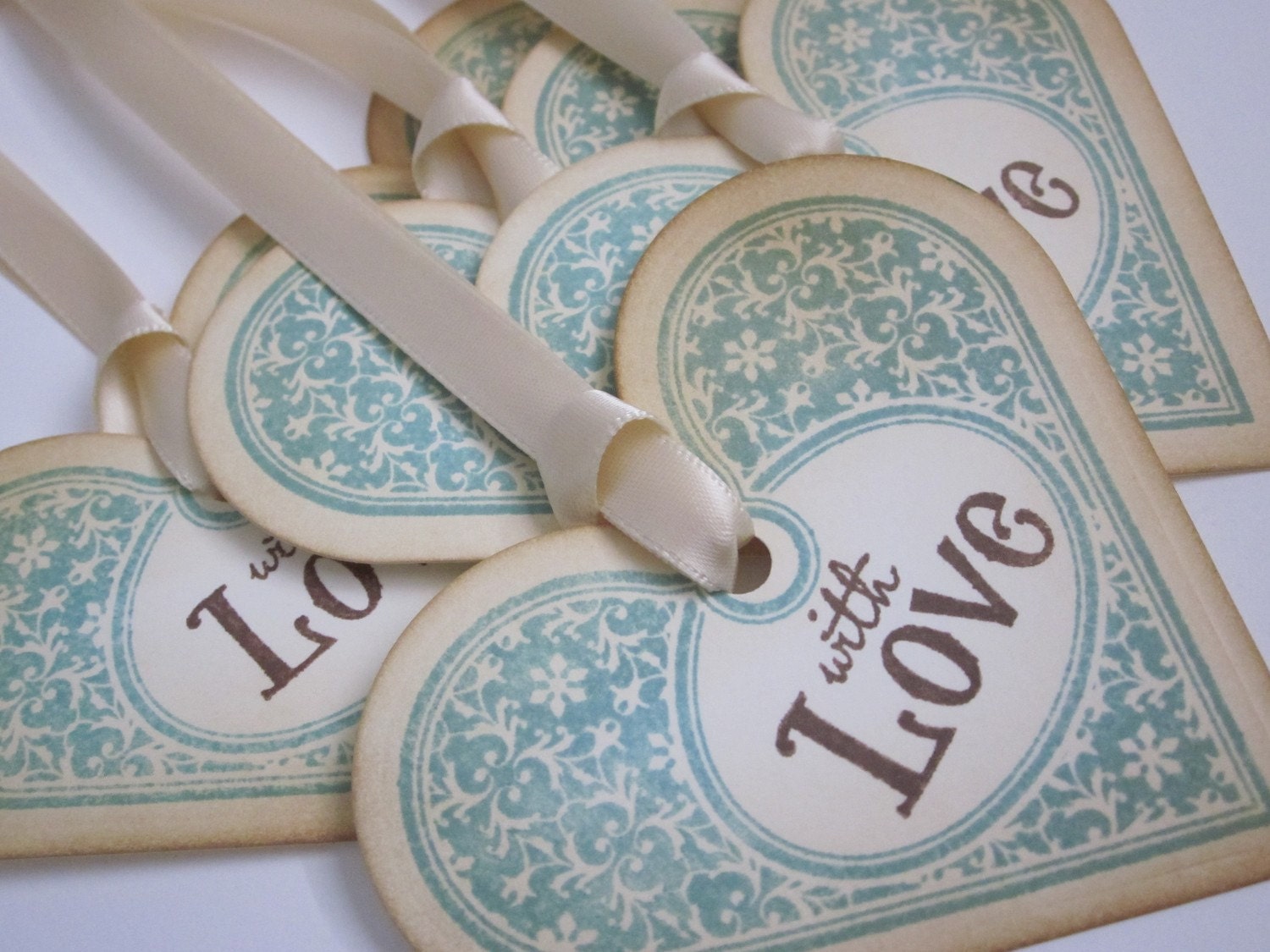 Valentine Wish tree tags/wedding tags/gift tags - With Love Turquoise (or custom colour) Heart - Vintage Appearance - set of 5