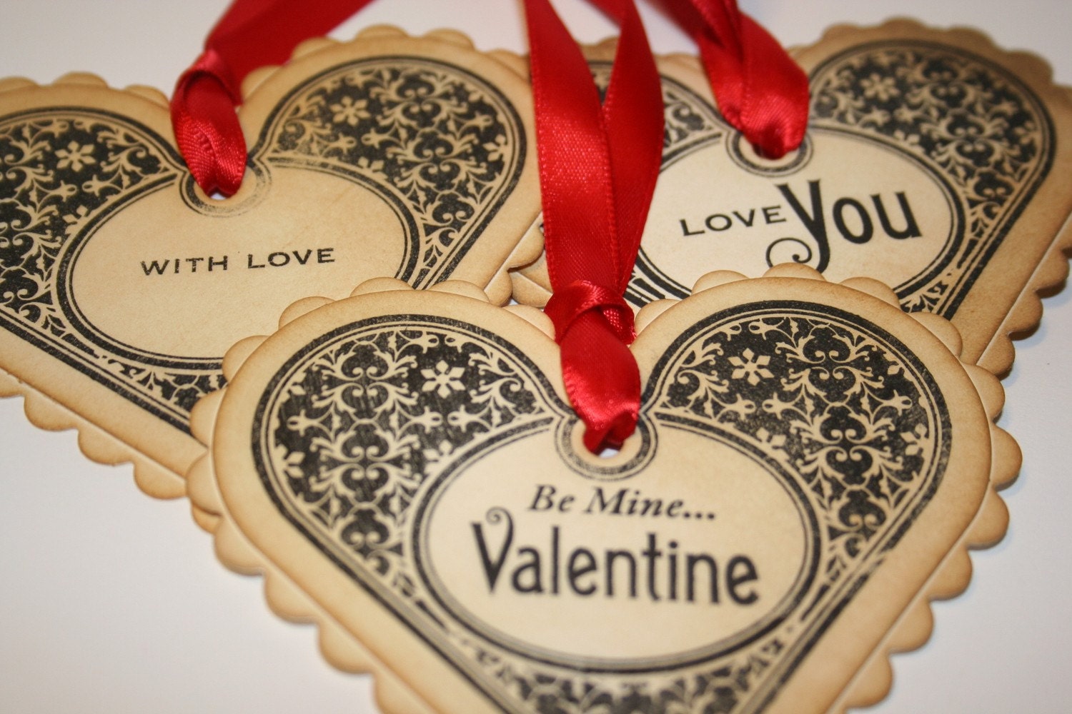 Valentine Heart Tags - Vintage Appearance - choose between 5 sentiments - set of 5