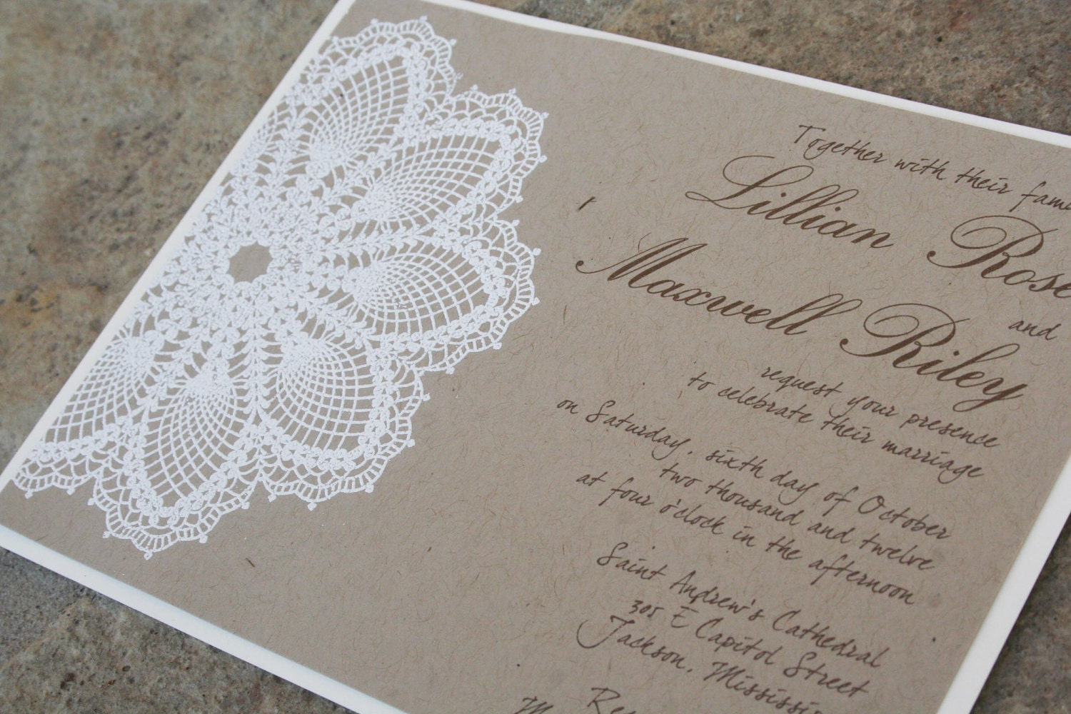 SALE:  vintage lace wedding invitation - Lace doily - featured in VOGUE UK  - Boxed invitation - Lillian Collection-  Sample