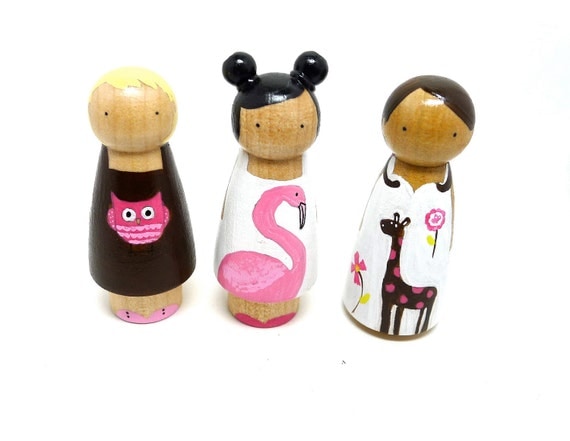 Wooden Peg Doll Girls Play Set- Pink Brown White