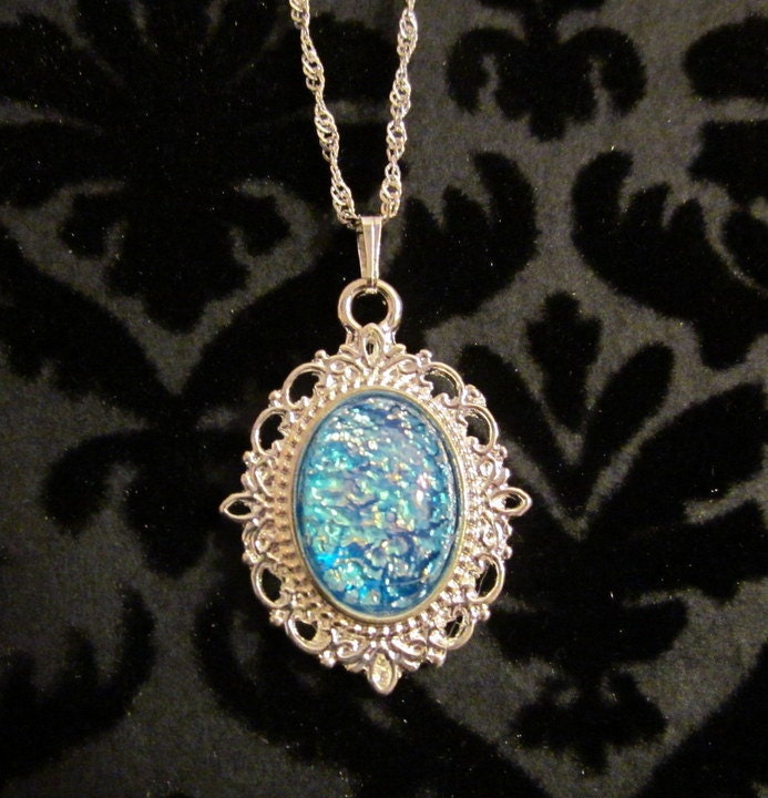 Victorian Style Ornate Silver Light Blue Glass Opal Necklace