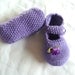 Mary Jane Purple / Lilac Baby Shoes with purple ribbon flower embelishment, hand knitted by scunjeebabe