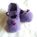 Mary Jane Purple / Lilac Baby Shoes with purple ribbon flower embelishment, hand knitted by scunjeebabe